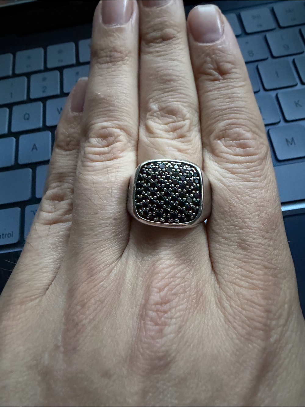 David Yurman Silver & Black Sapphire Signet Ring - Size 10.5